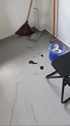 地板上血跡斑斑，還有我爬行時留下的兩道長長的血痕
